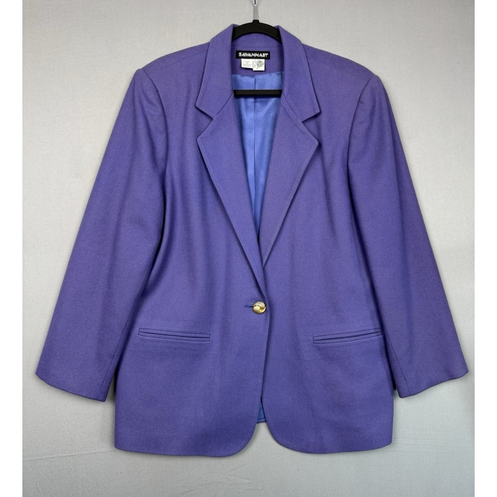 Vintage Savannah Purple 100% Pure Wool Blazer Womens 14 Gold Button 80s 70s EUC
